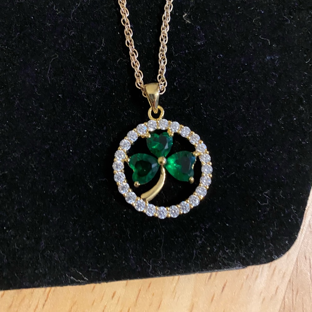 Clover Necklace Lab created Emerald and Diamond with Gold
